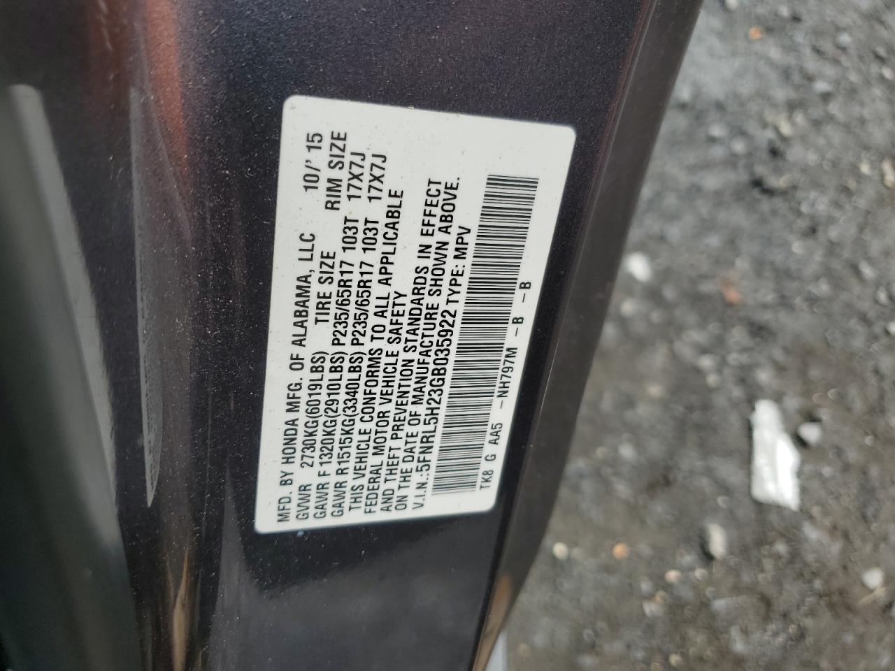 5FNRL5H23GB035922 2016 Honda Odyssey Lx