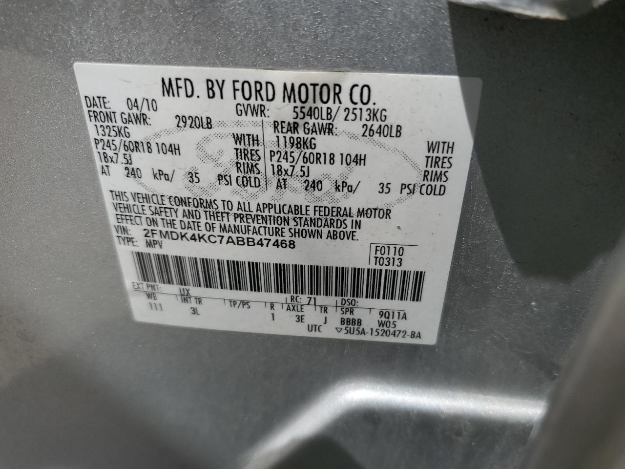 2FMDK4KC7ABB47468 2010 Ford Edge Limited