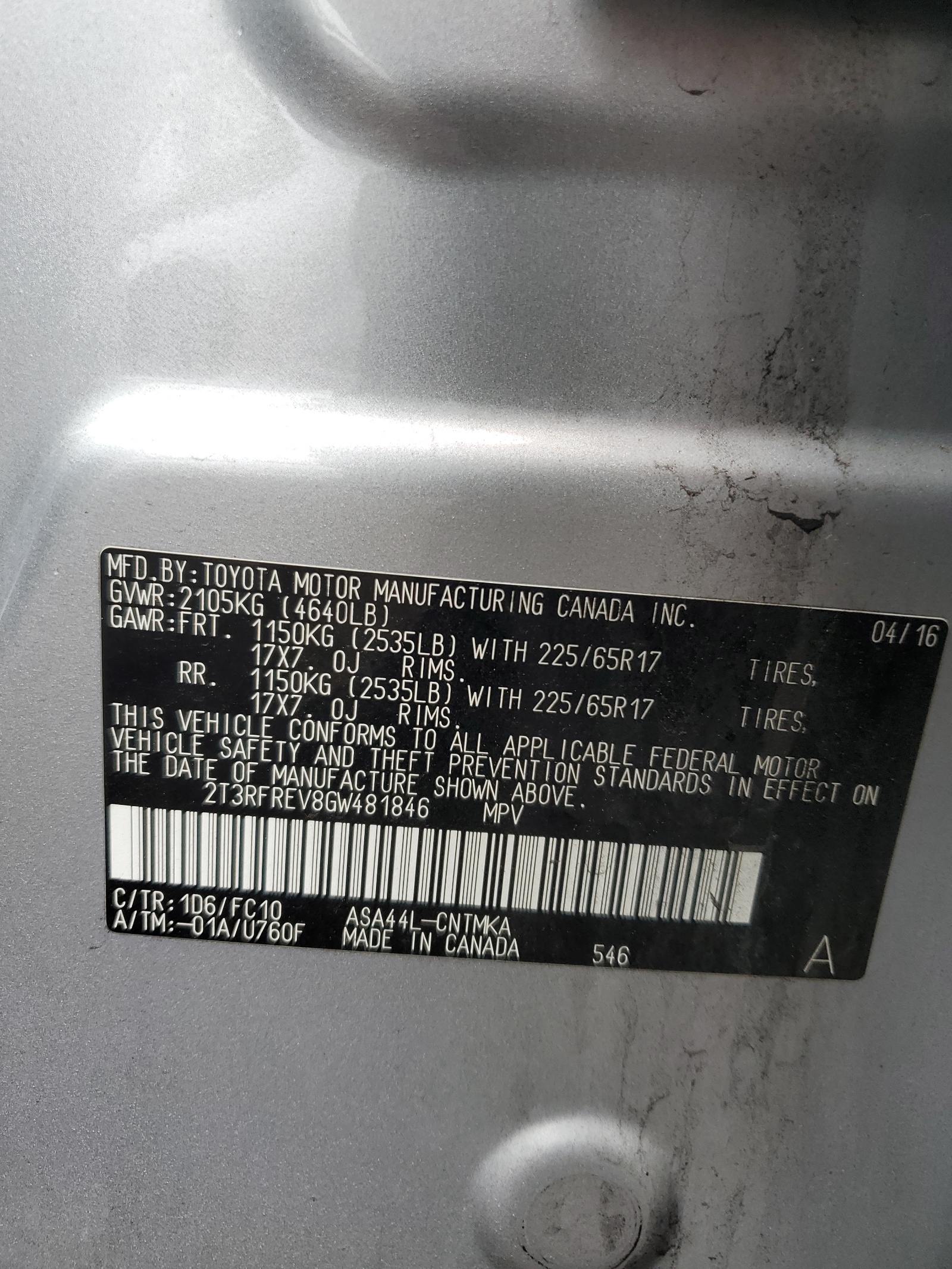 2T3RFREV8GW481846 2016 Toyota Rav4 Xle