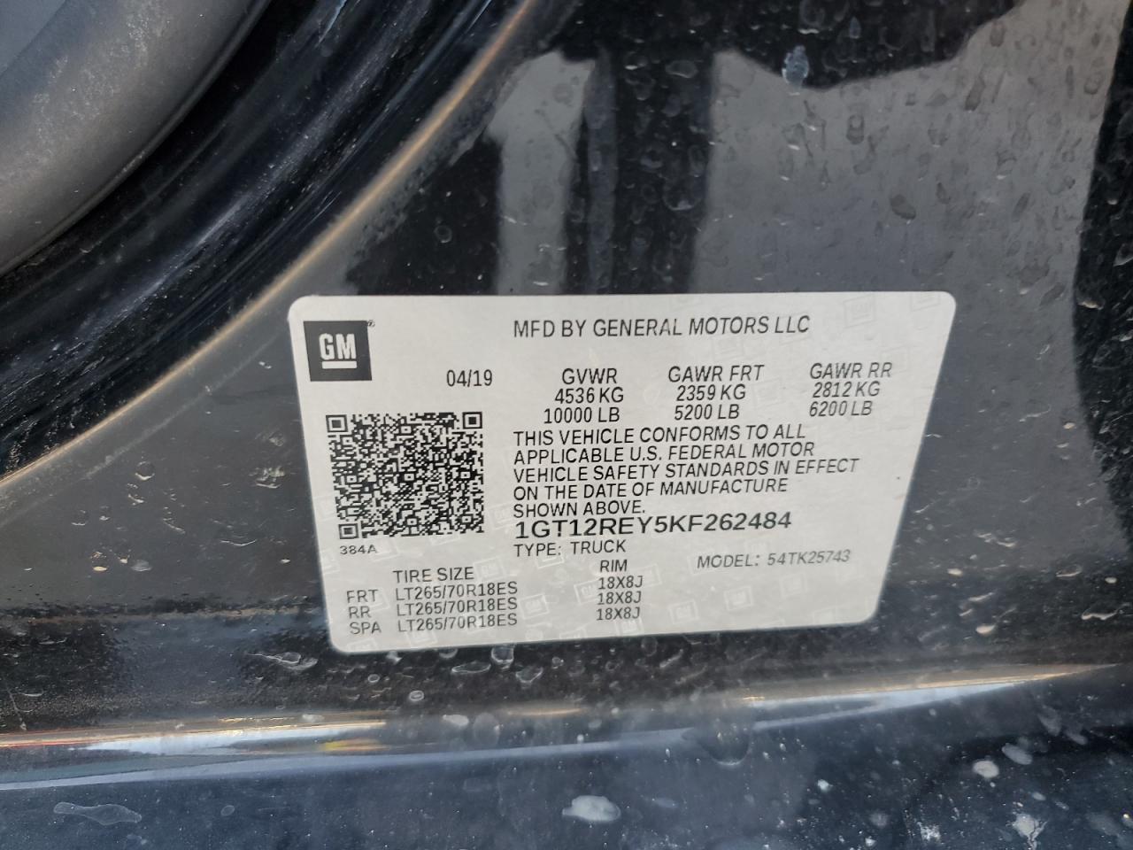 2019 GMC Sierra K2500 Slt VIN: 1GT12REY5KF262484 Lot: 60773424