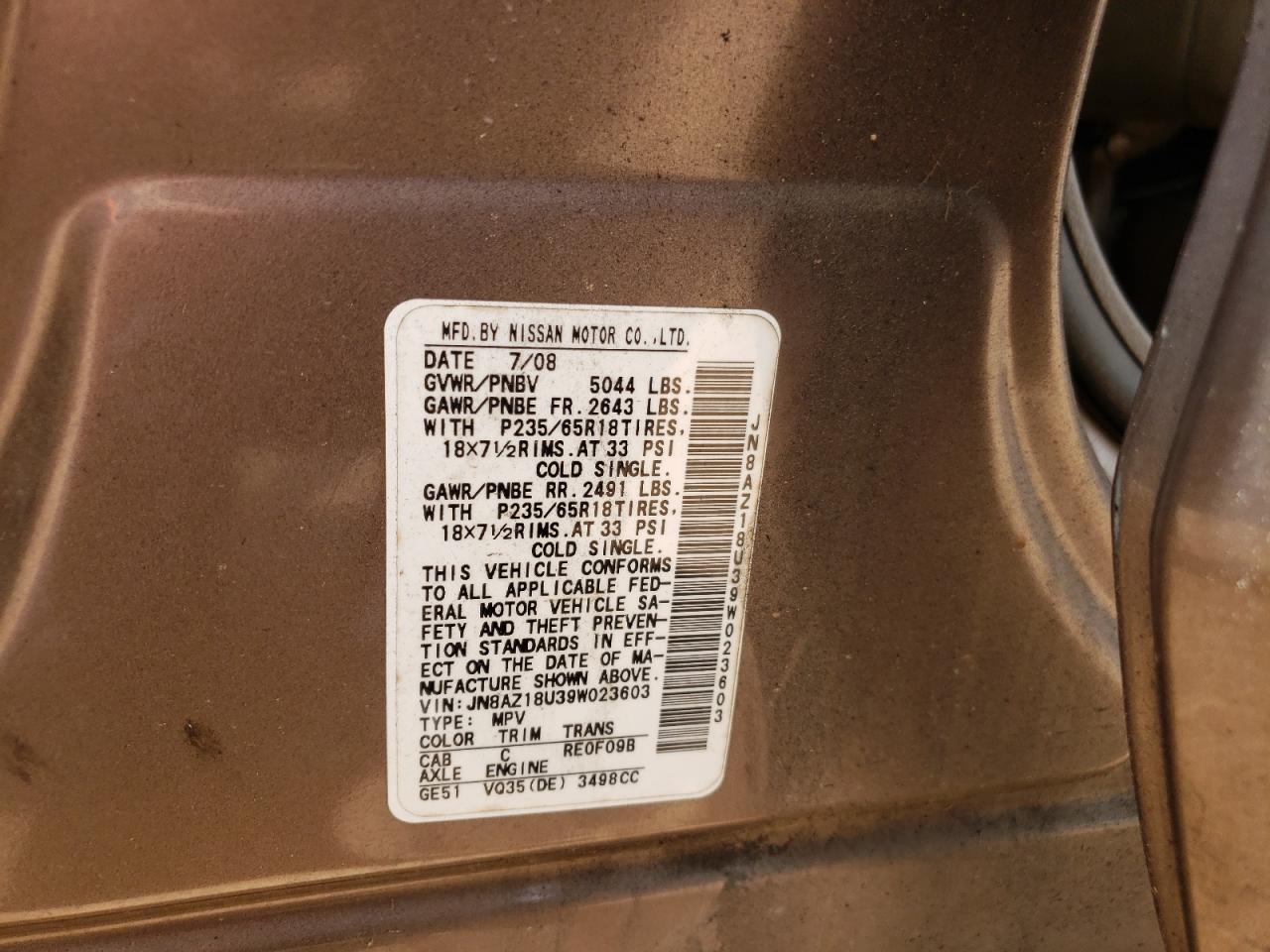 JN8AZ18U39W023603 2009 Nissan Murano S