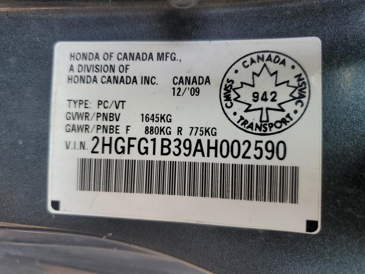 2010 Honda Civic Dx-G VIN: 2HGFG1B39AH002590 Lot: 65203664