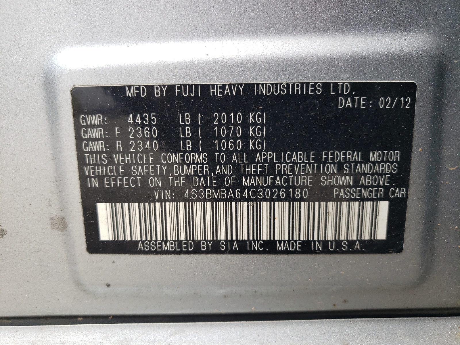 4S3BMBA64C3026180 2012 Subaru Legacy 2.5I