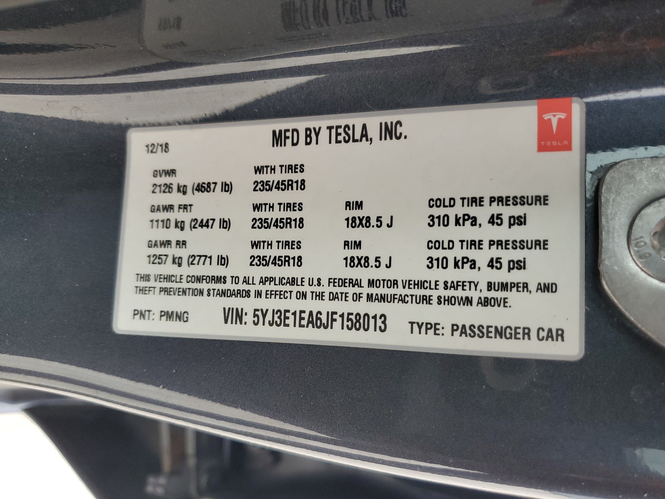 5YJ3E1EA6JF158013 2018 Tesla Model 3