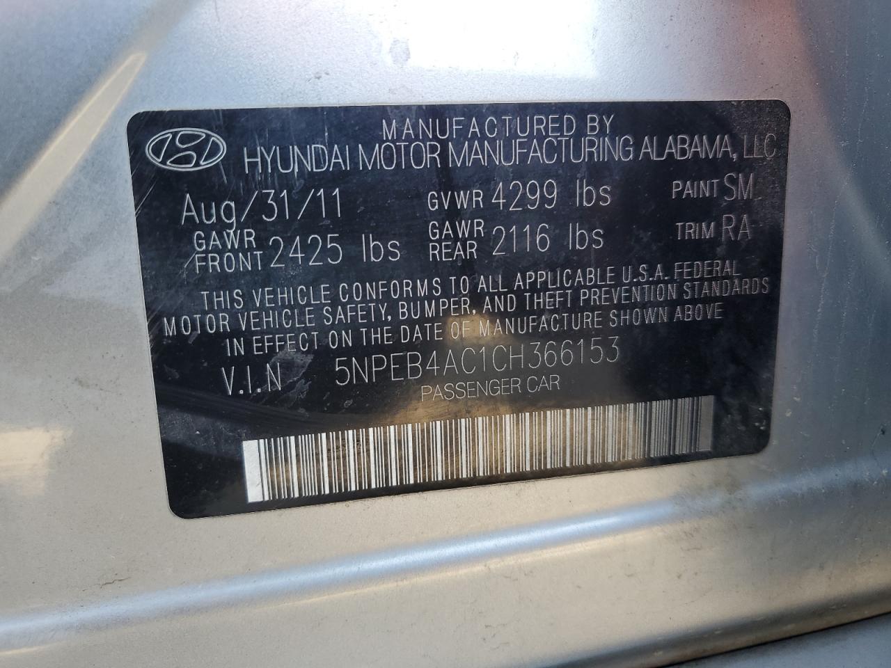 5NPEB4AC1CH366153 2012 Hyundai Sonata Gls