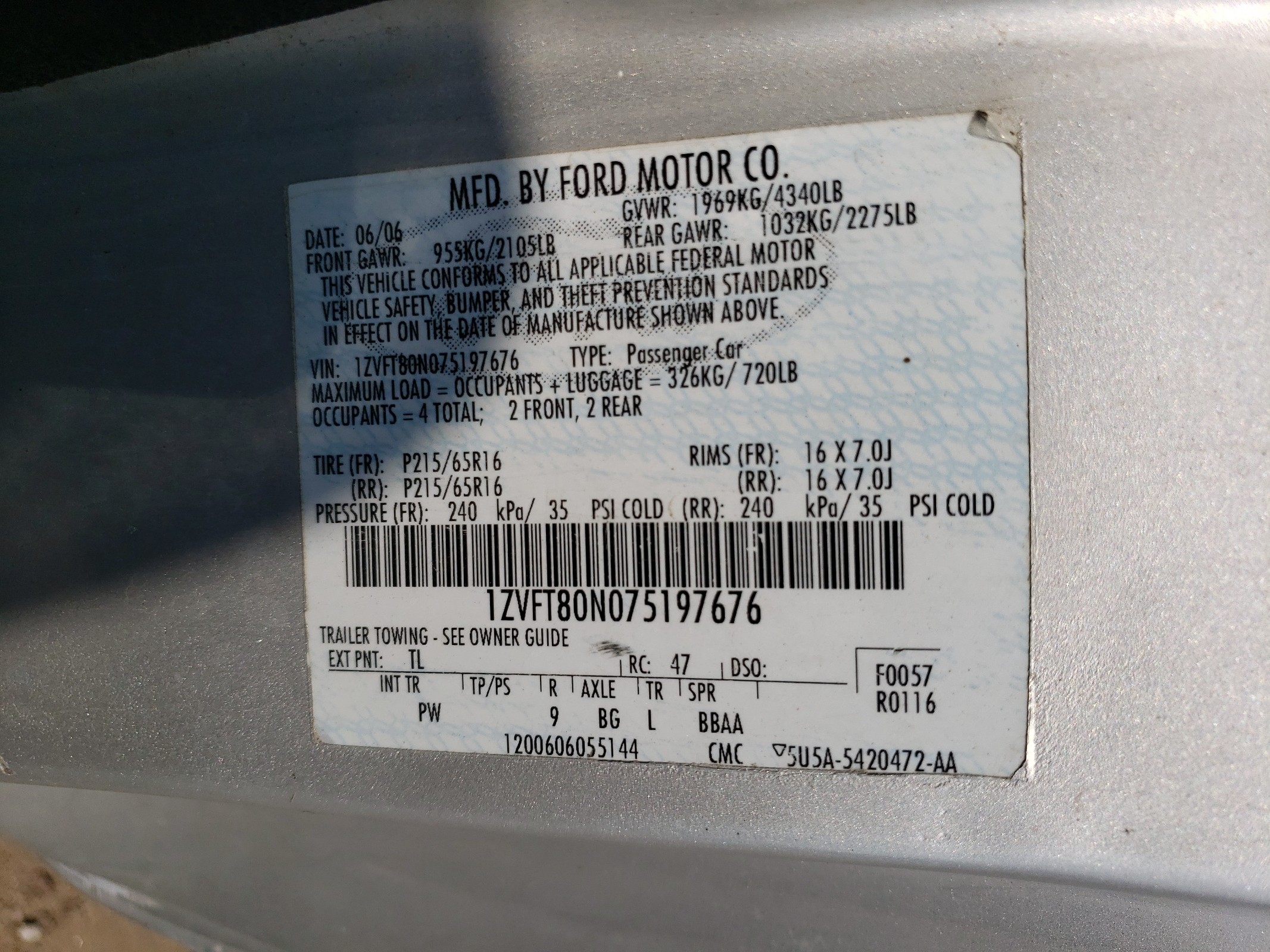 1ZVFT80N075197676 2007 Ford Mustang