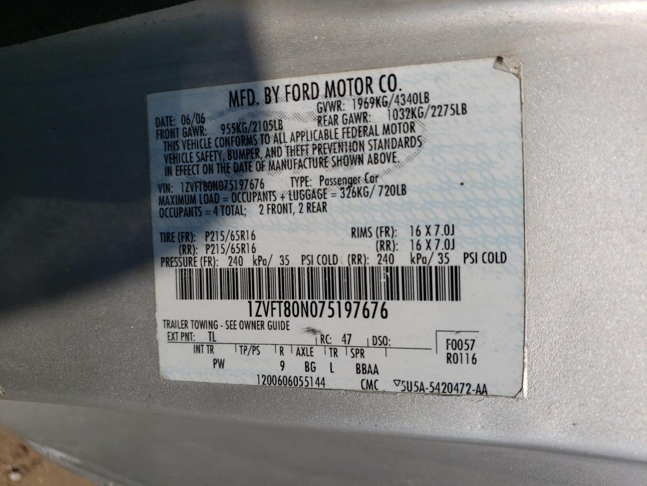 2007 Ford Mustang VIN: 1ZVFT80N075197676 Lot: 64324184