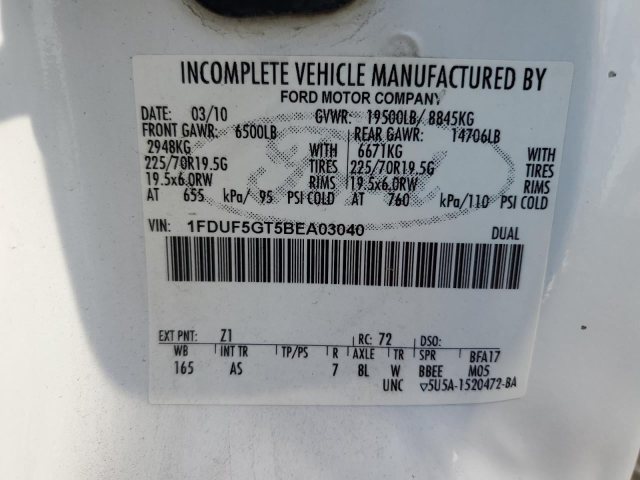 2011 Ford F550 Super Duty VIN: 1FDUF5GT5BEA03040 Lot: 64457944