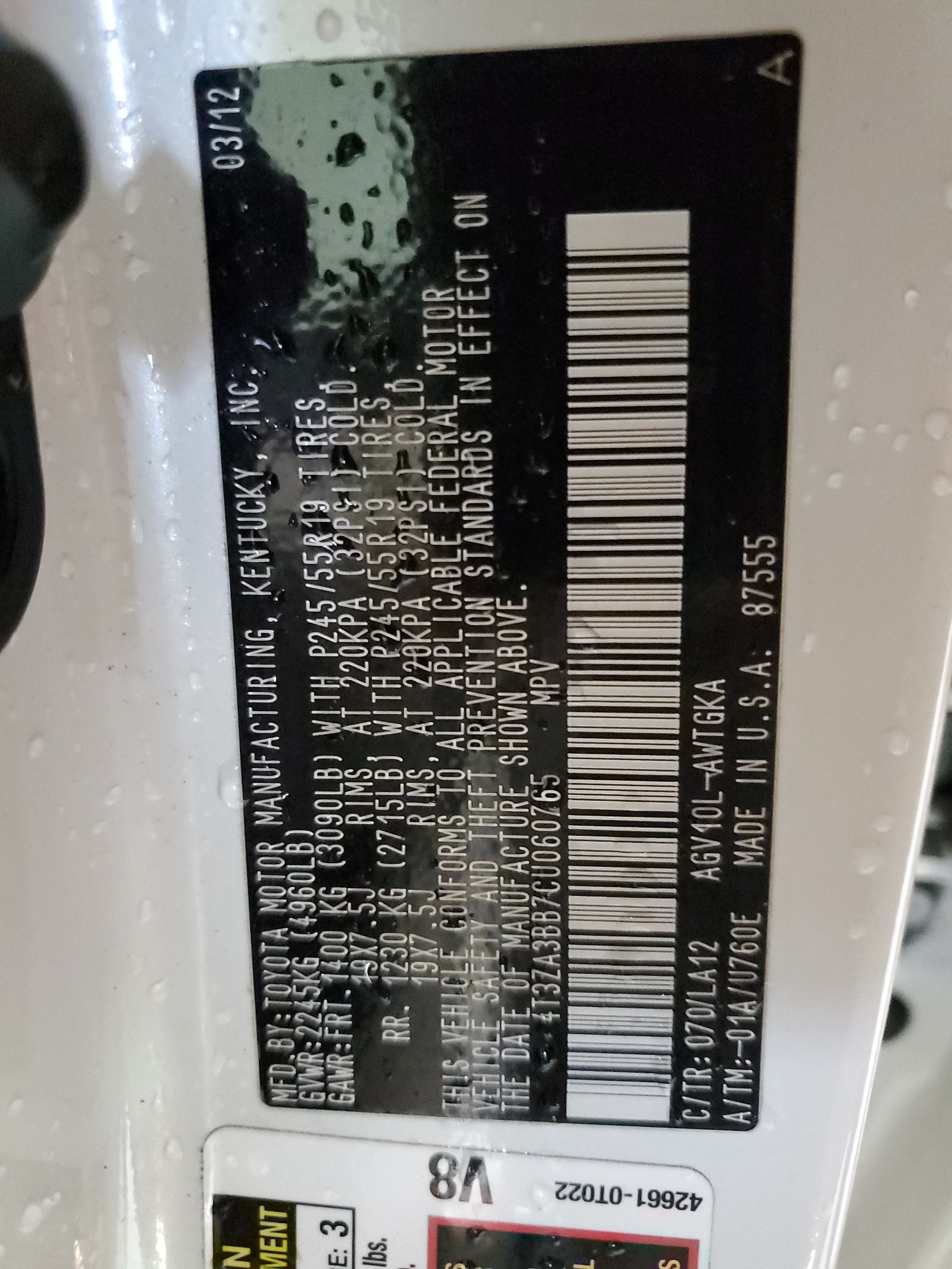 4T3ZA3BB7CU060765 2012 Toyota Venza Le