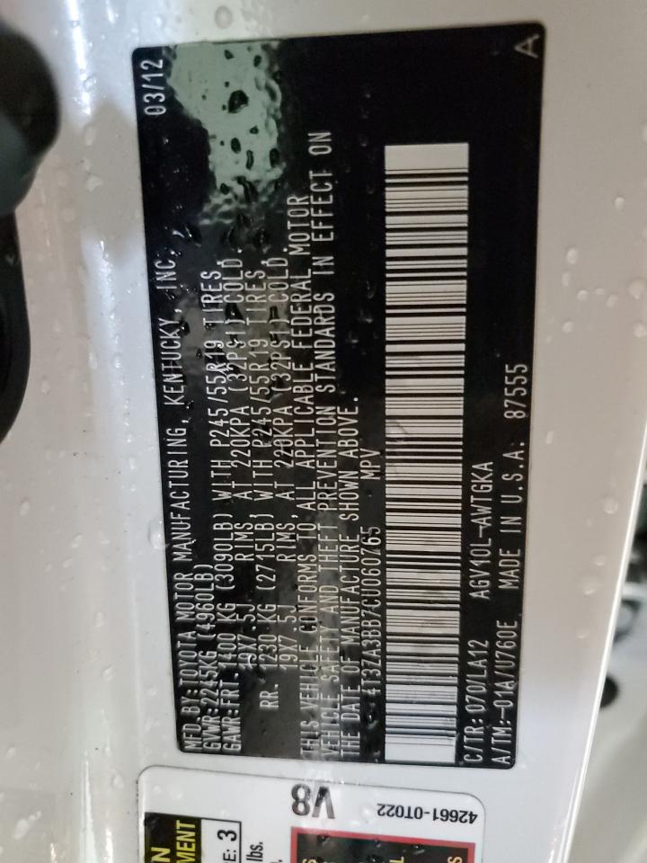 2012 Toyota Venza Le VIN: 4T3ZA3BB7CU060765 Lot: 65332904