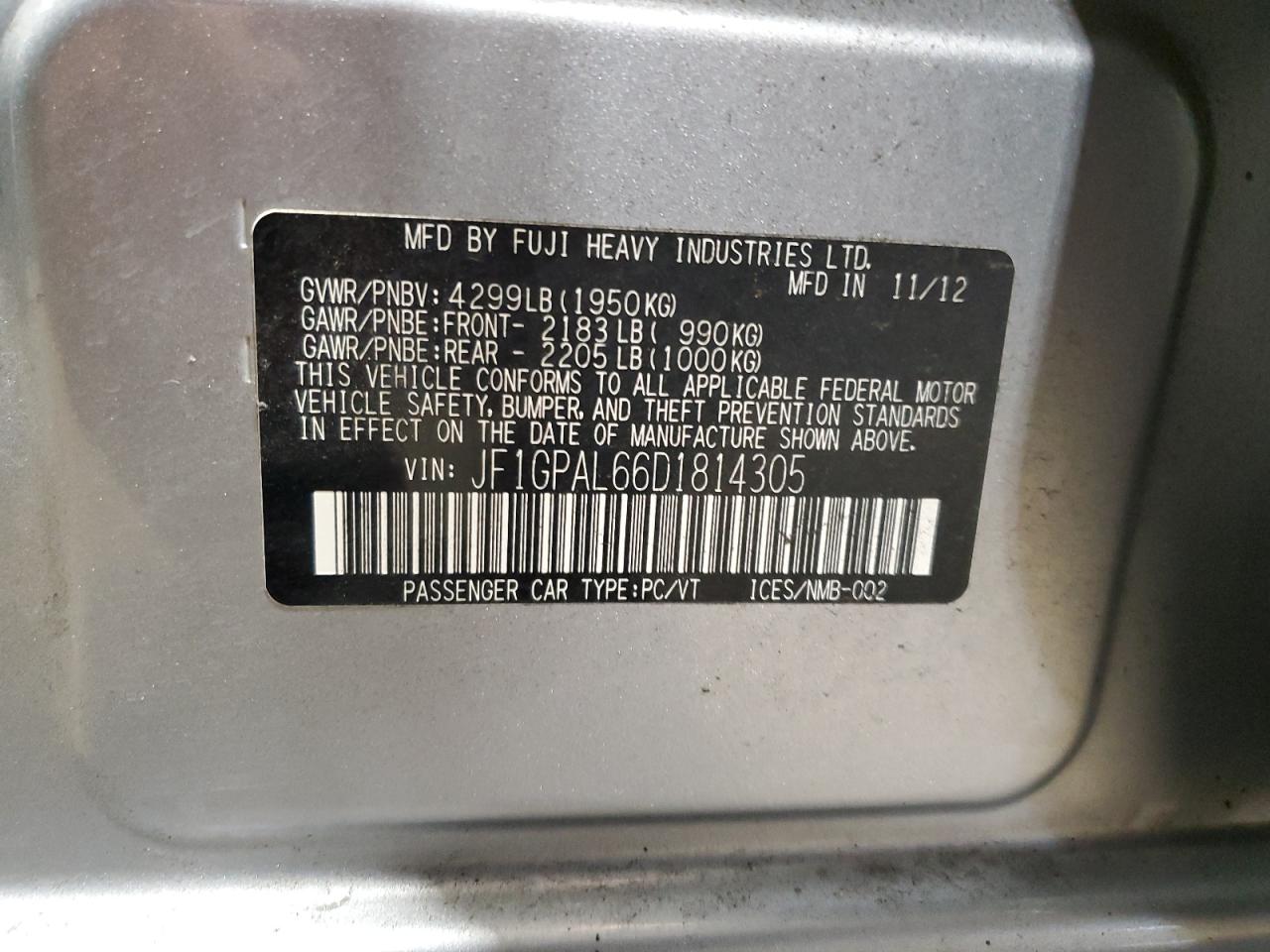 2013 Subaru Impreza Sport Premium VIN: JF1GPAL66D1814305 Lot: 61014474