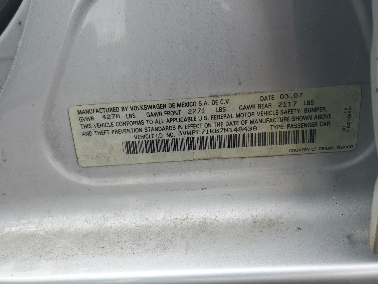 2007 Volkswagen Jetta 2.5 VIN: 3VWPF71K87M148438 Lot: 63828764