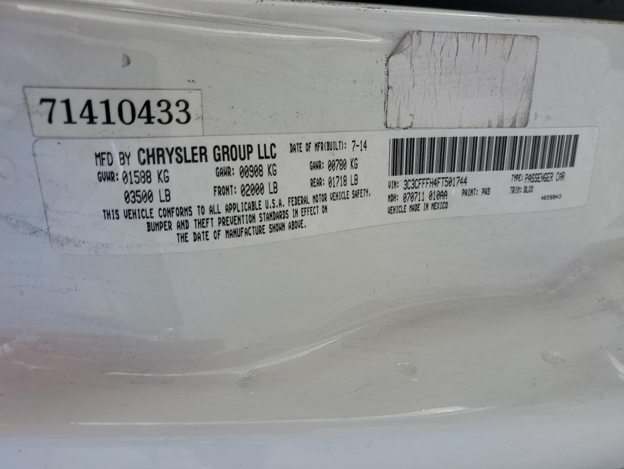 2015 Fiat 500 Abarth VIN: 3C3CFFFH4FT501744 Lot: 61474784