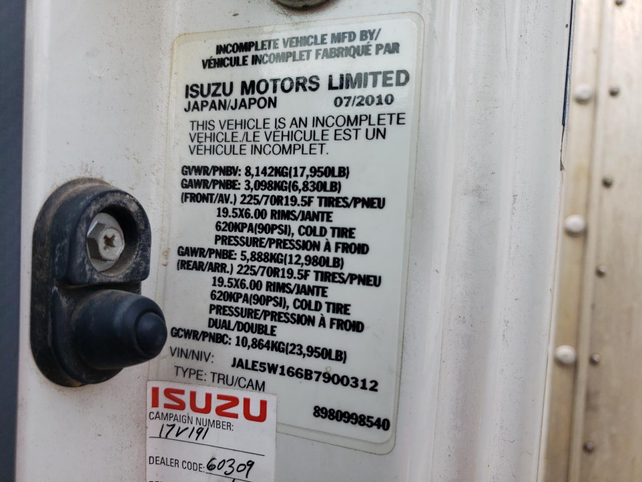 2011 Isuzu Nqr VIN: JALE5W166B7900312 Lot: 66823444