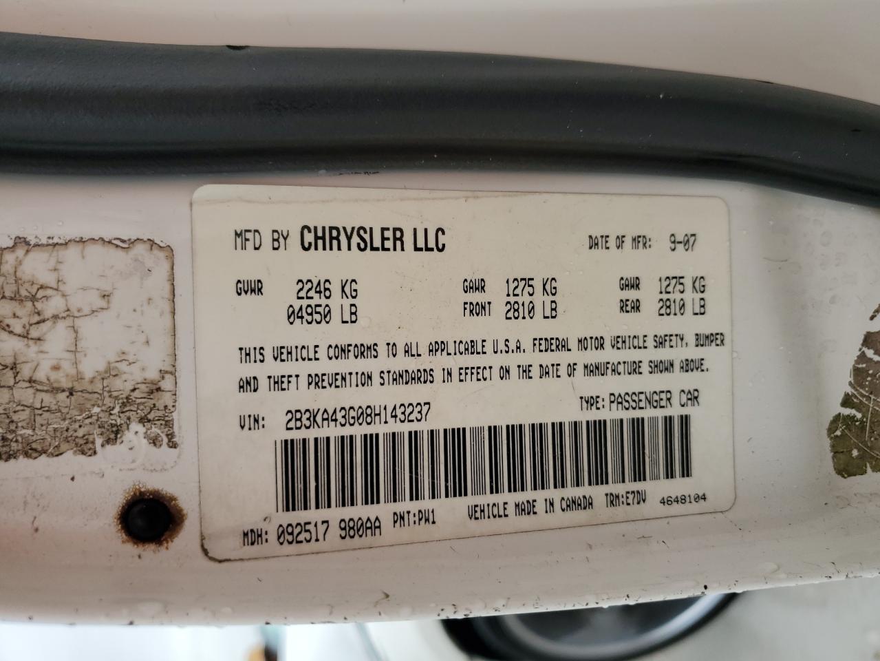 2008 Dodge Charger VIN: 2B3KA43G08H143237 Lot: 62479764