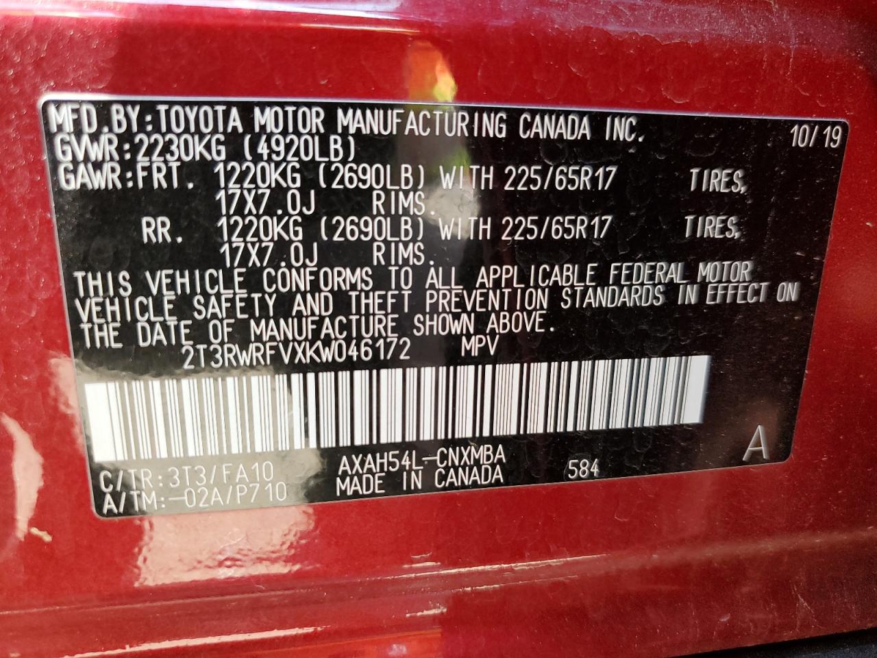 2019 Toyota Rav4 Xle VIN: 2T3RWRFVXKW046172 Lot: 64905624