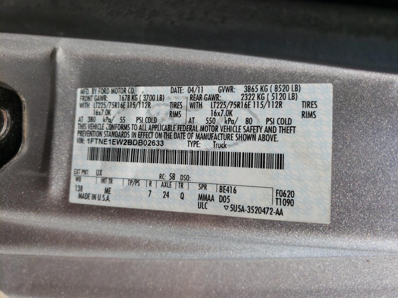 2011 Ford Econoline E150 Van VIN: 1FTNE1EW2BDB02633 Lot: 63151034