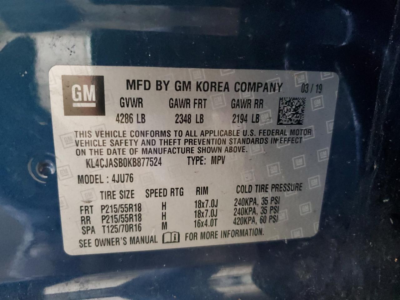 2019 Buick Encore Preferred VIN: KL4CJASB0KB877524 Lot: 64793724