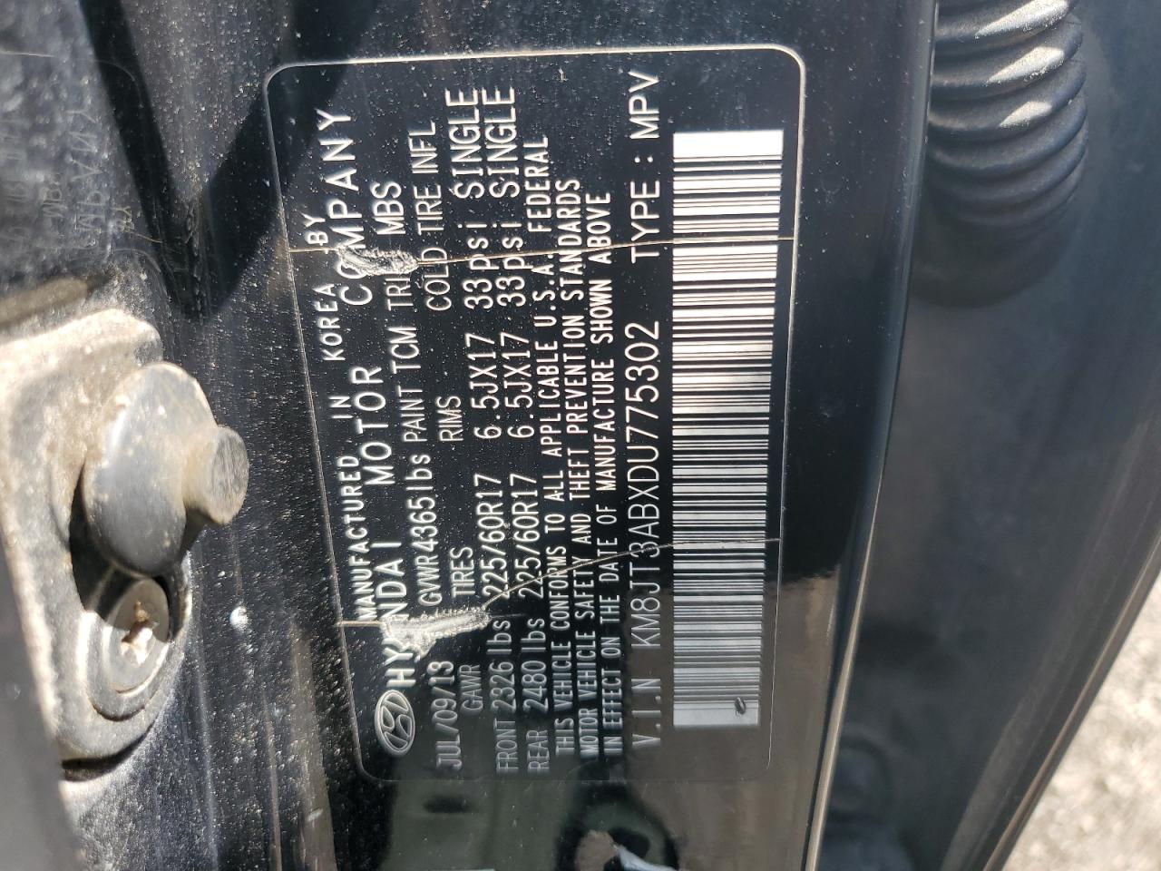 2013 Hyundai Tucson Gl VIN: KM8JT3ABXDU775302 Lot: 64322904