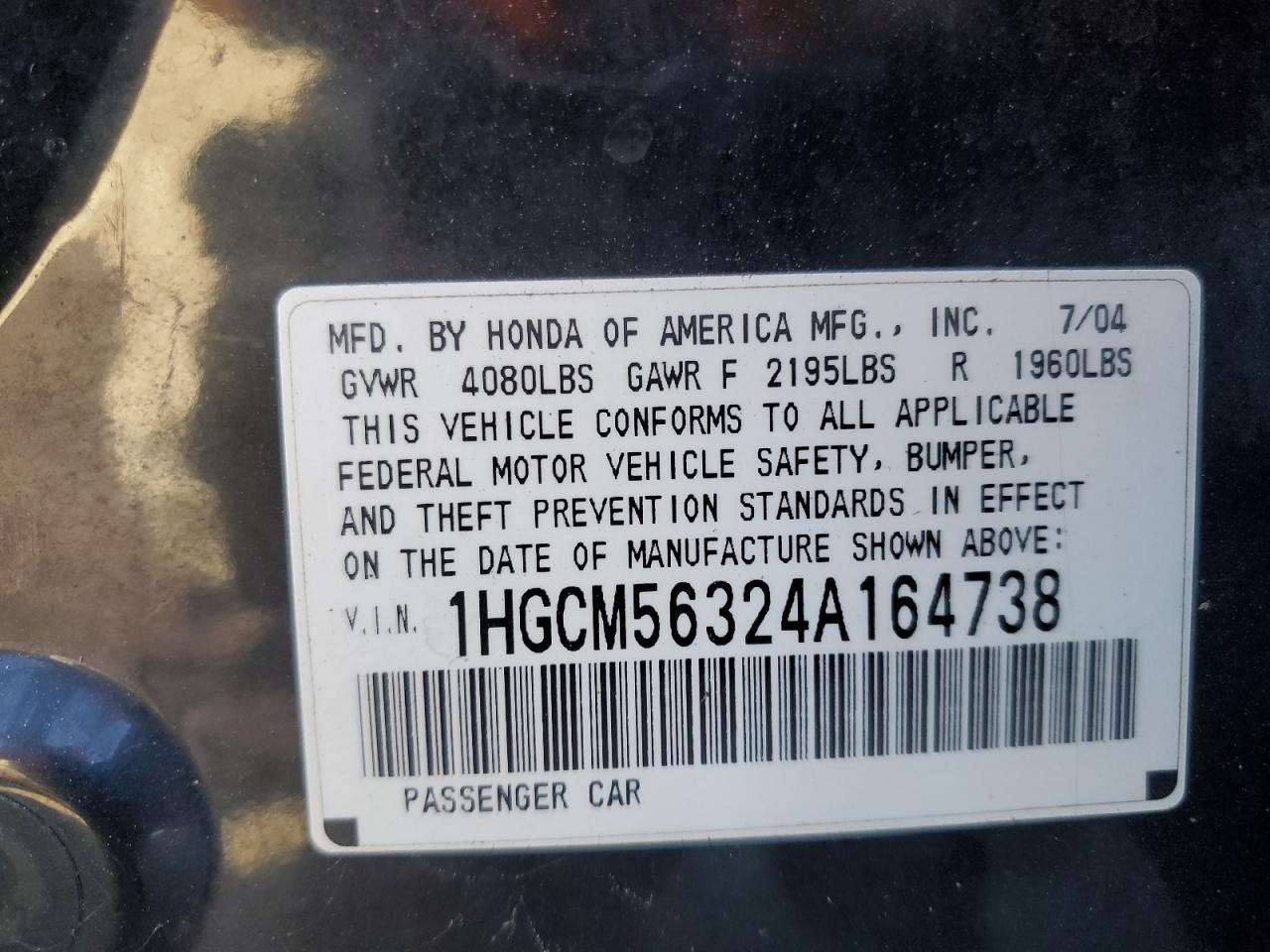 2004 Honda Accord Lx VIN: 1HGCM56324A164738 Lot: 63725594