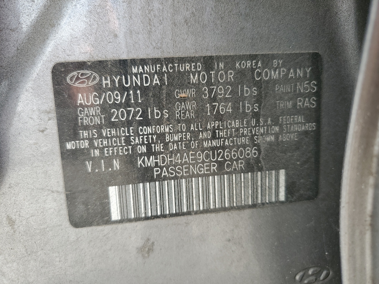 KMHDH4AE9CU266086 2012 Hyundai Elantra Gls