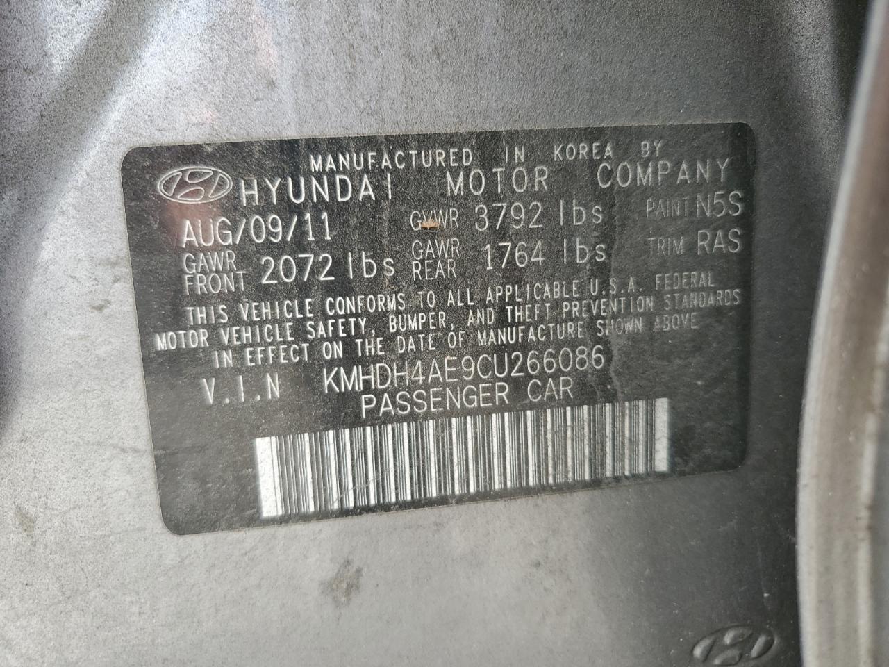 2012 Hyundai Elantra Gls VIN: KMHDH4AE9CU266086 Lot: 61402984