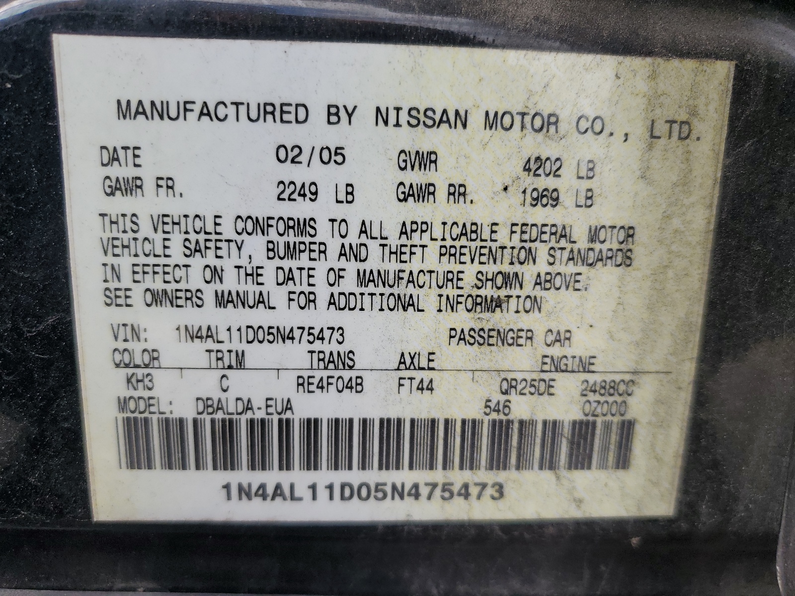 1N4AL11D05N475473 2005 Nissan Altima S