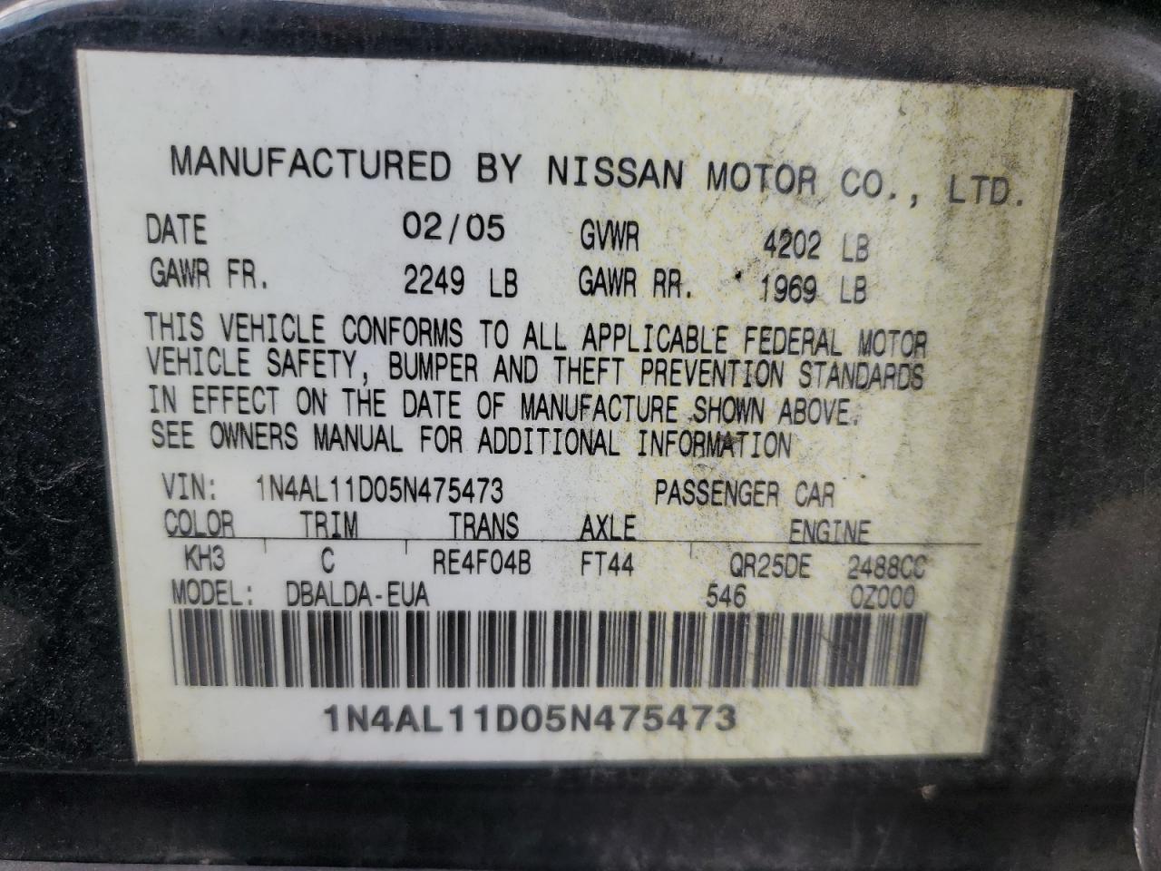 2005 Nissan Altima S VIN: 1N4AL11D05N475473 Lot: 63456104