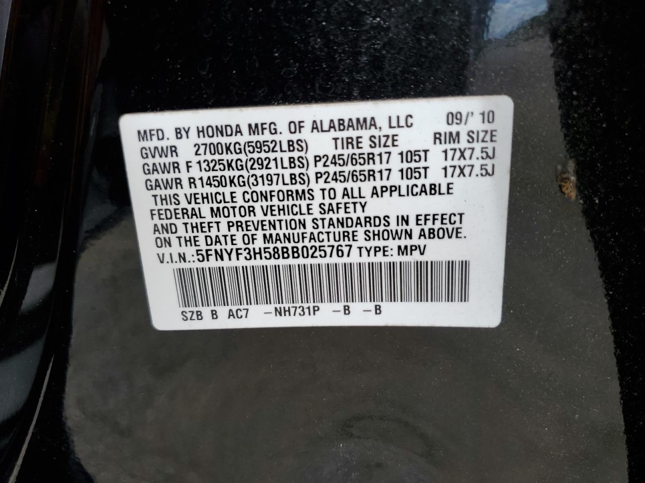 2011 Honda Pilot Exl VIN: 5FNYF3H58BB025767 Lot: 64932044