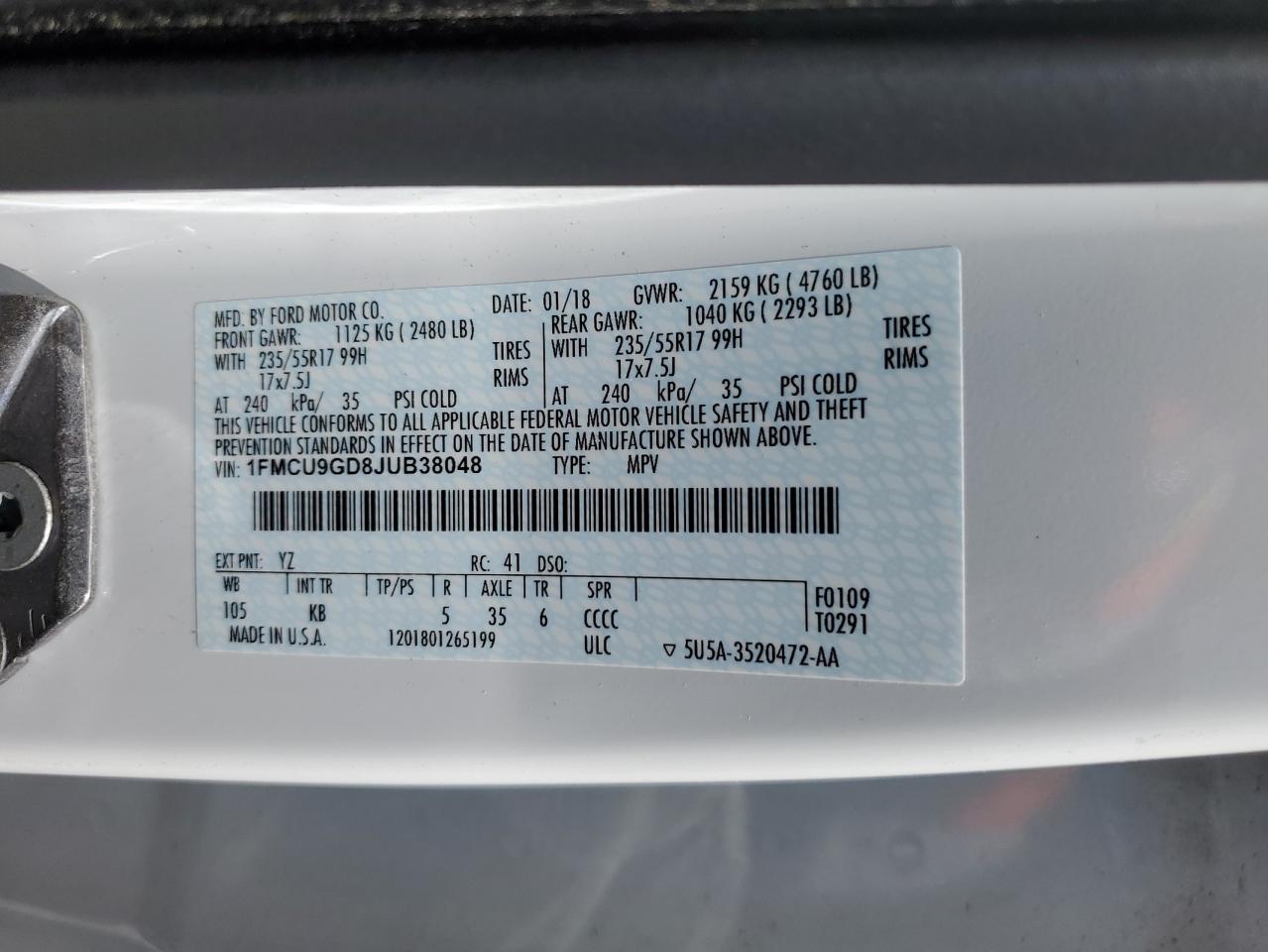 2018 Ford Escape Se VIN: 1FMCU9GD8JUB38048 Lot: 64597034