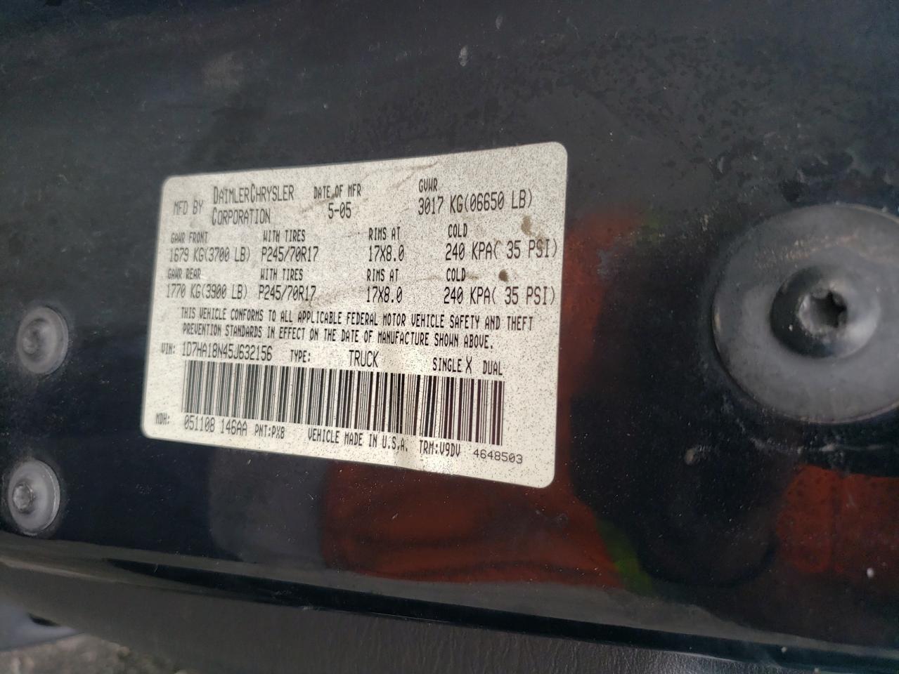 2005 Dodge Ram 1500 St VIN: 1D7HA18N45J632156 Lot: 64073534