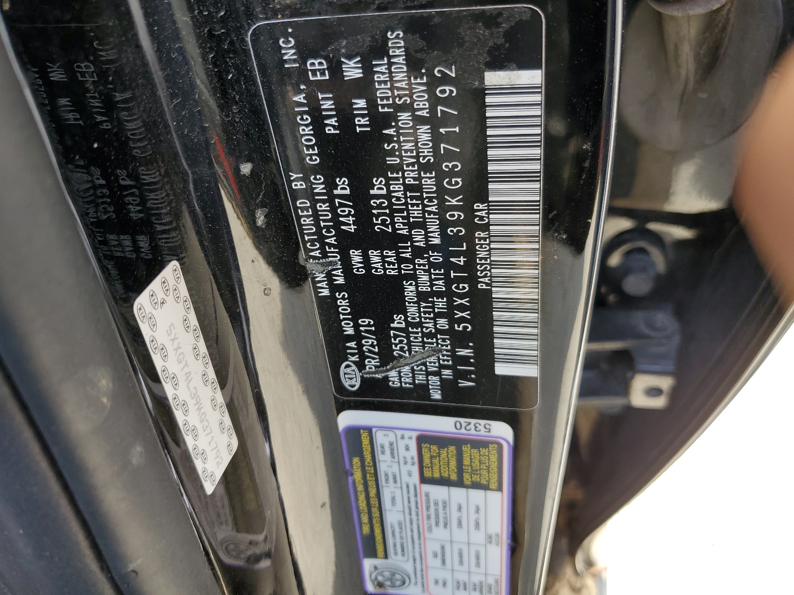 5XXGT4L39KG371792 2019 Kia Optima Lx