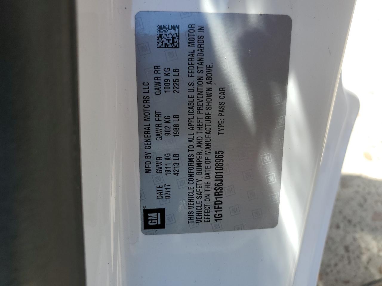 2018 Chevrolet Camaro Lt VIN: 1G1FD1RS6J0108965 Lot: 62524534