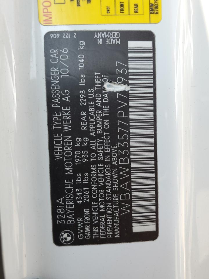 2007 BMW 328 I VIN: WBAWB33577PV72937 Lot: 64444714