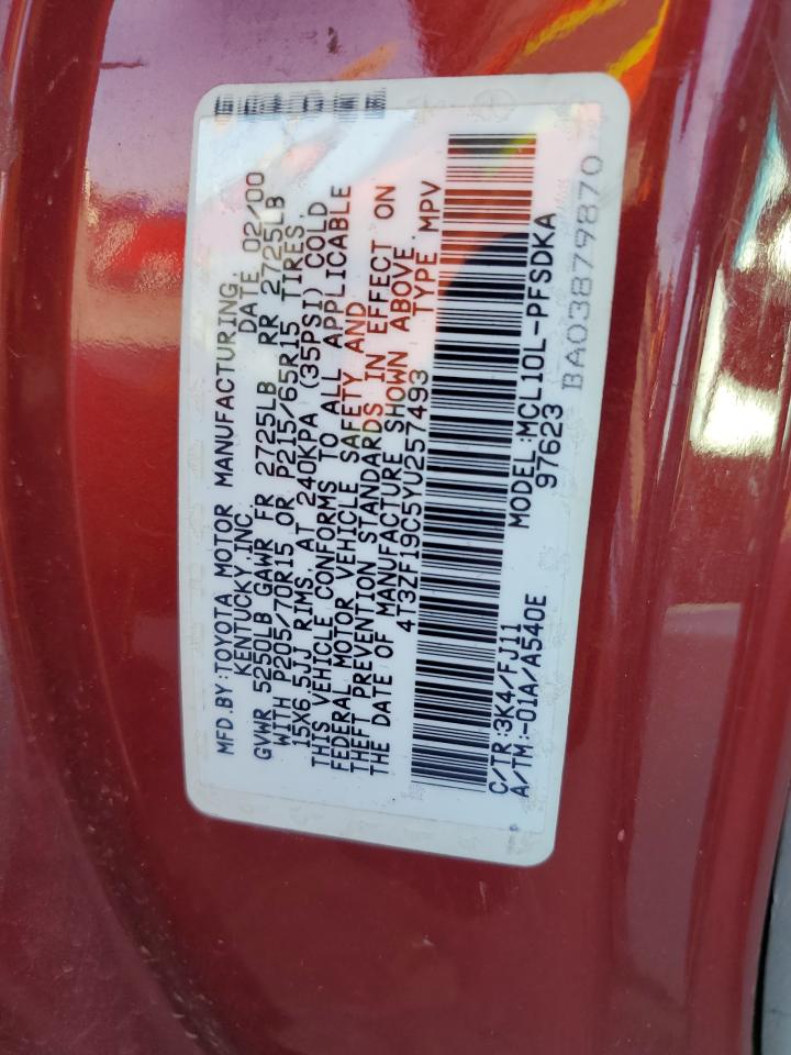 2000 Toyota Sienna Ce VIN: 4T3ZF19C5YU257493 Lot: 61449364