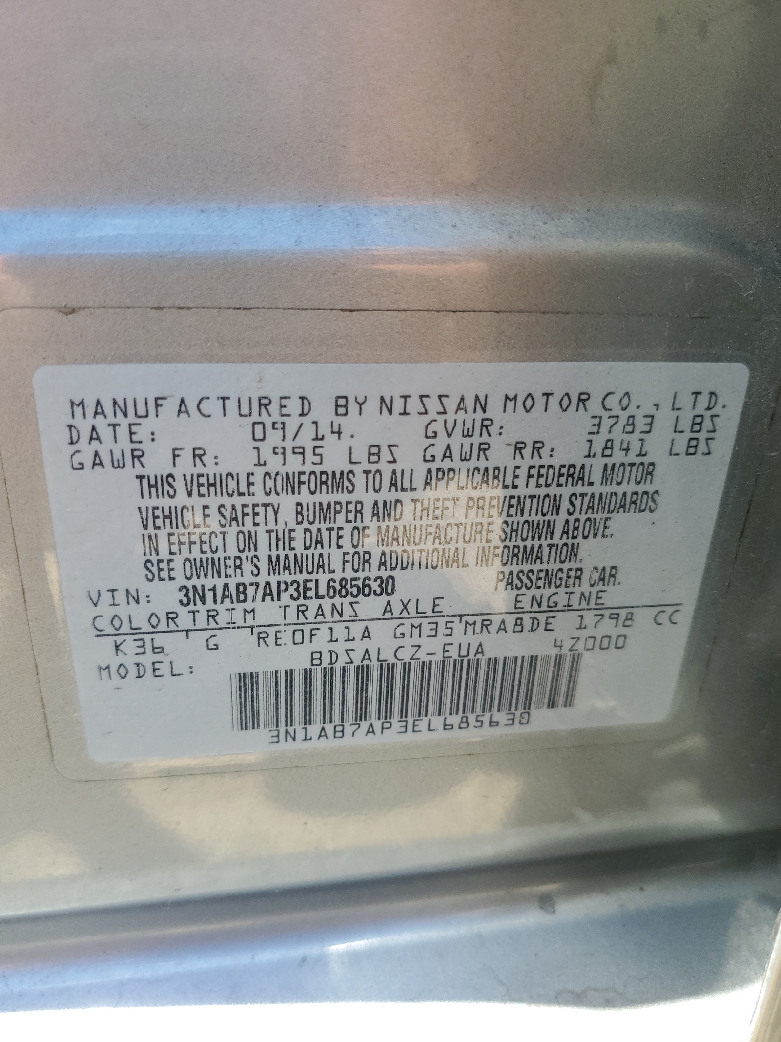 3N1AB7AP3EL685630 2014 Nissan Sentra S