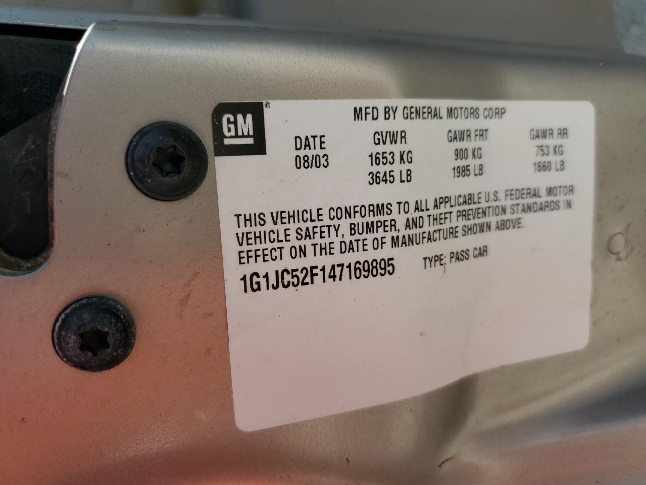 2004 Chevrolet Cavalier VIN: 1G1JC52F147169895 Lot: 63448754