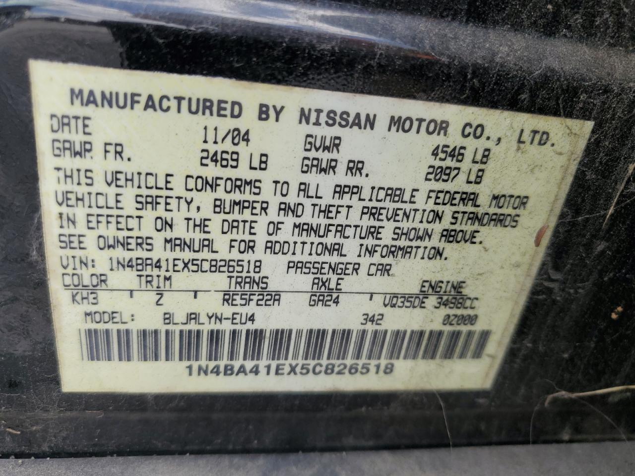 2005 Nissan Maxima Se VIN: 1N4BA41EX5C826518 Lot: 64419904