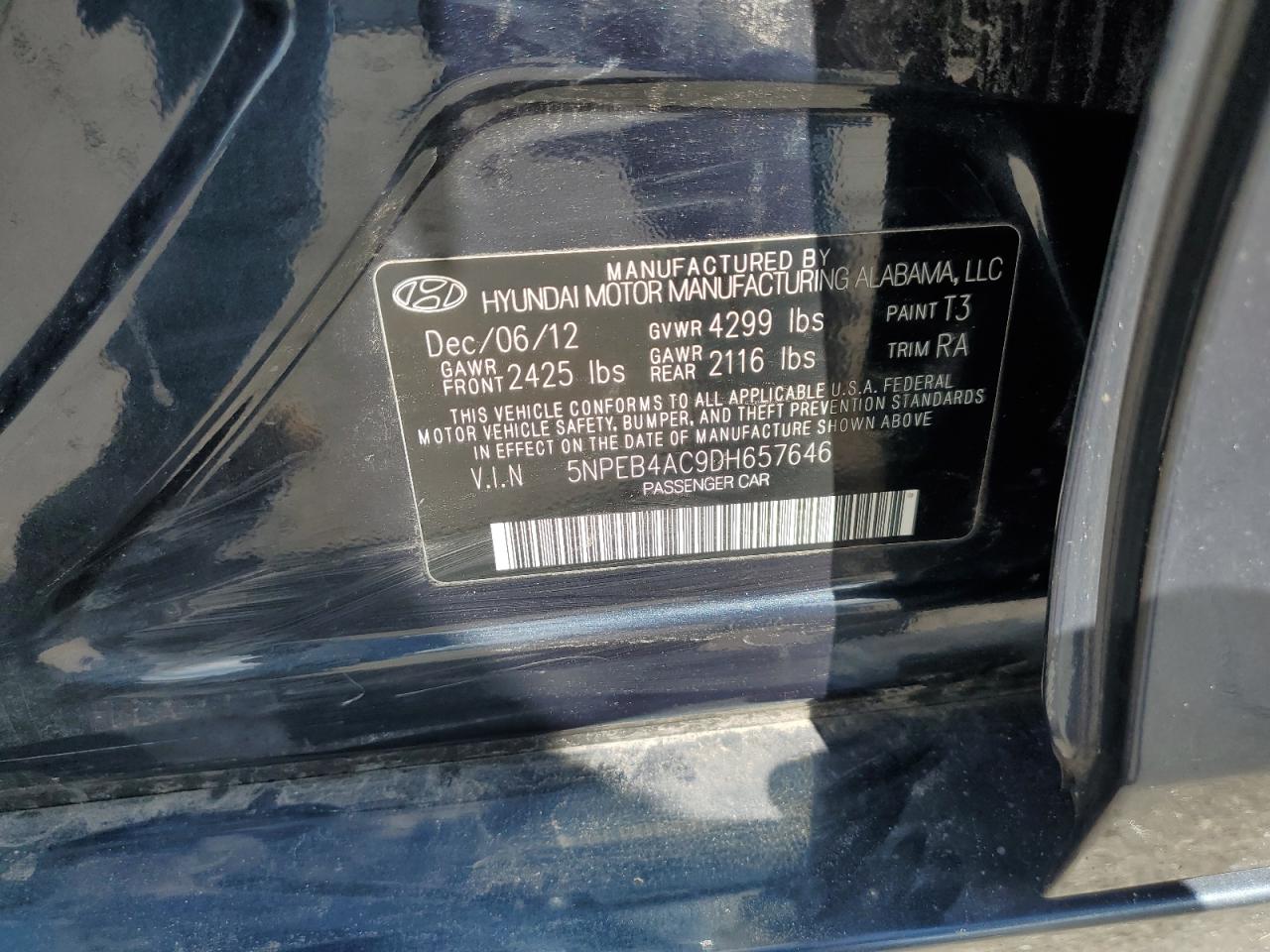 2013 Hyundai Sonata Gls VIN: 5NPEB4AC9DH657646 Lot: 63059424