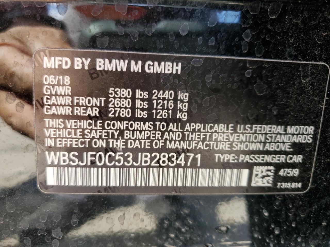 2018 BMW M5 VIN: WBSJF0C53JB283471 Lot: 65379564