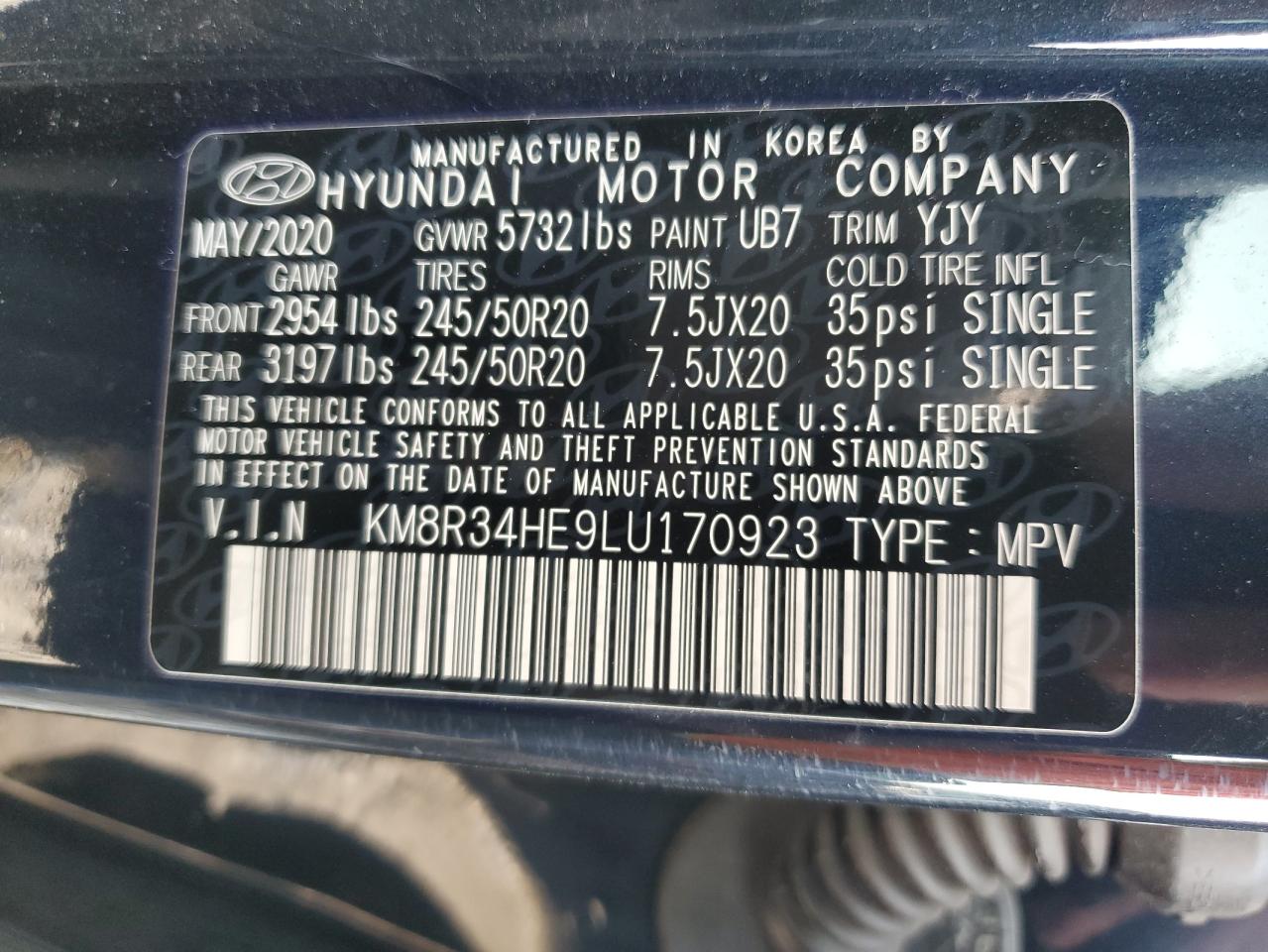 KM8R34HE9LU170923 2020 Hyundai Palisade Sel