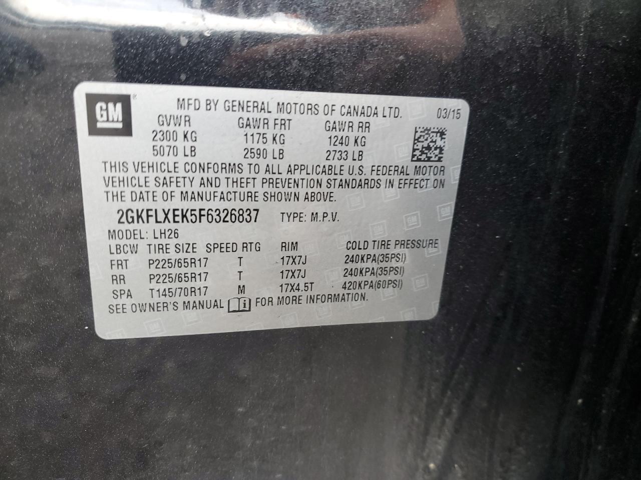 2015 GMC Terrain Slt VIN: 2GKFLXEK5F6326837 Lot: 63300284