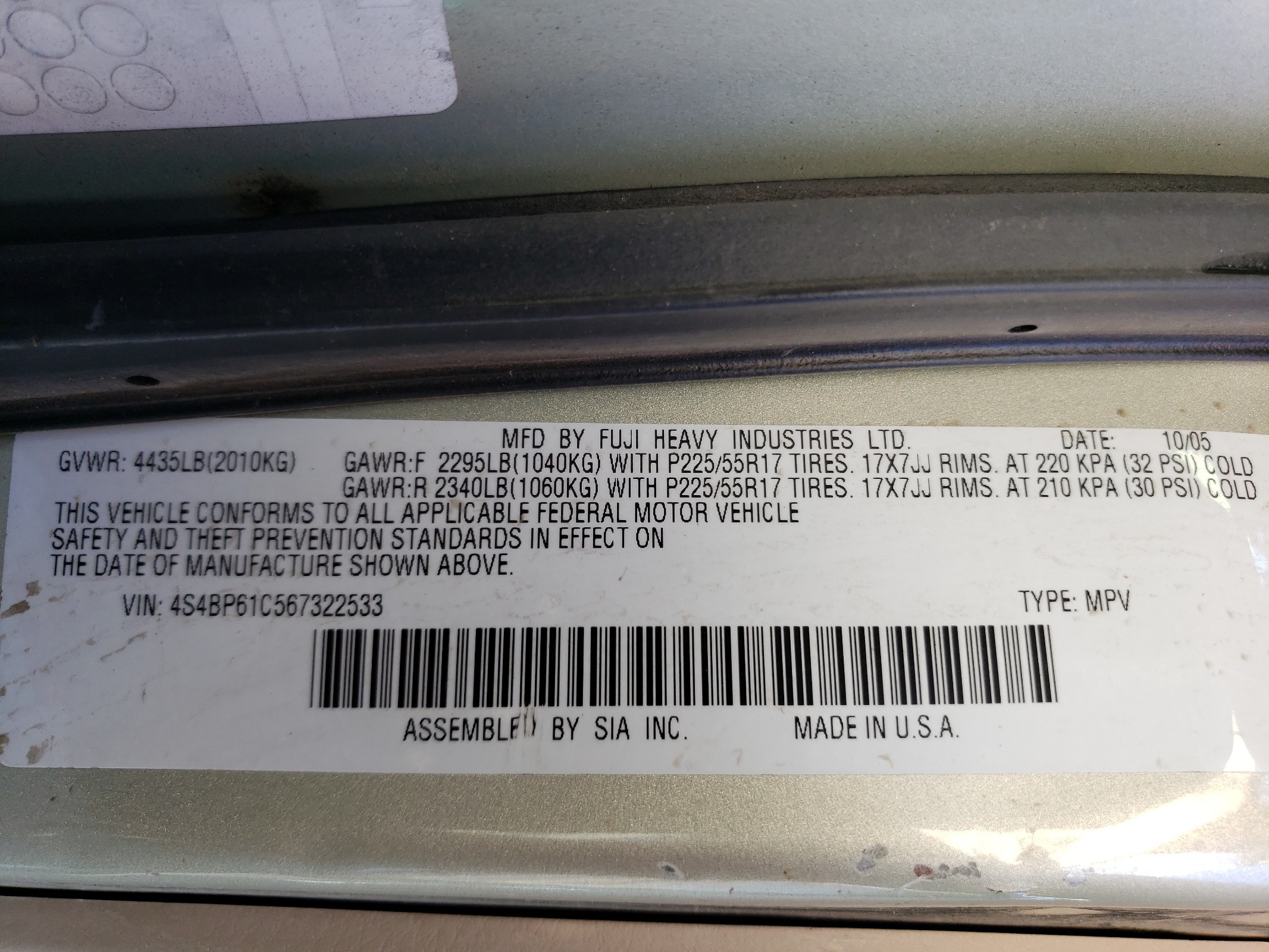 4S4BP61C567322533 2006 Subaru Legacy Outback 2.5I