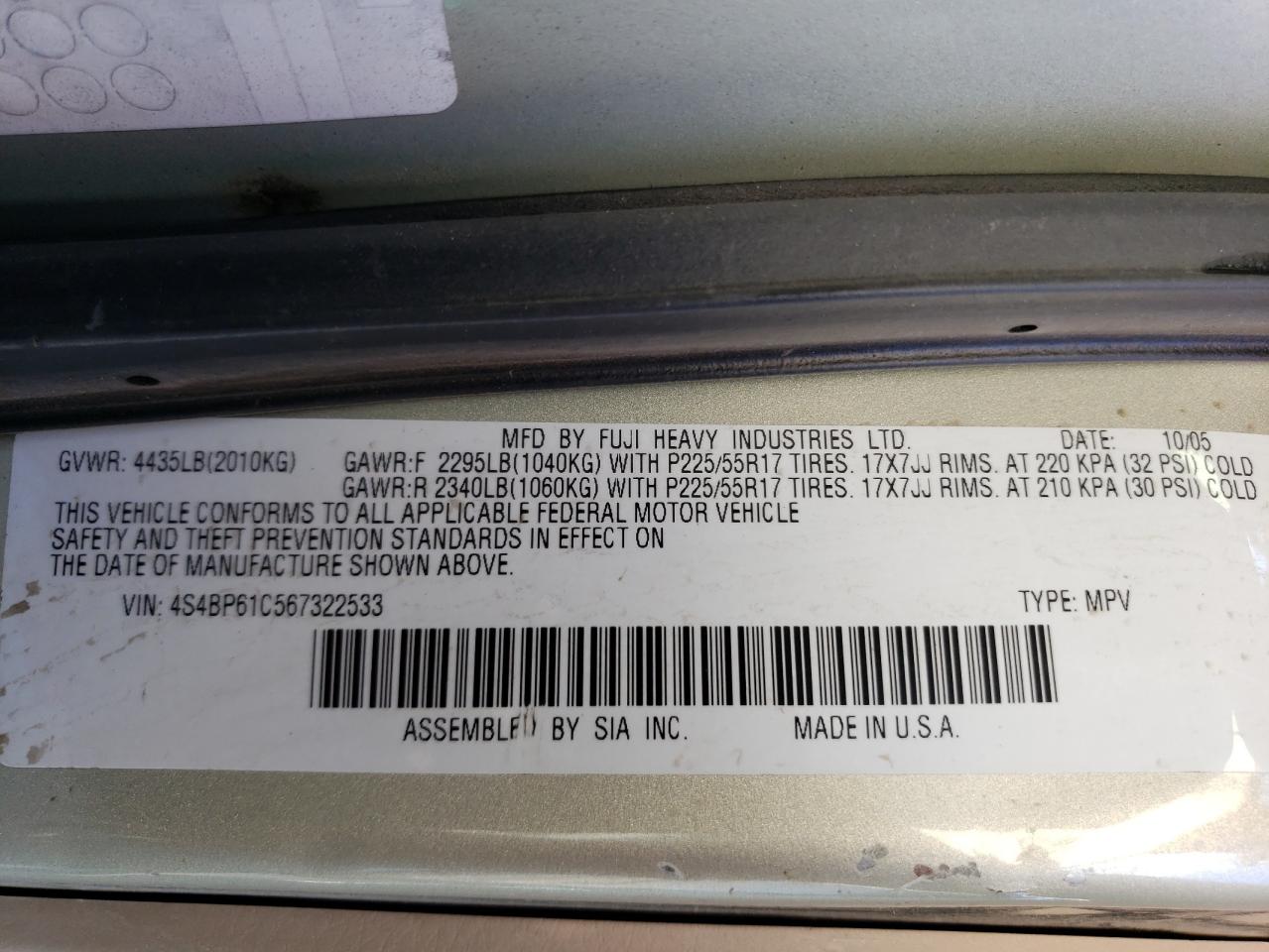 2006 Subaru Legacy Outback 2.5I VIN: 4S4BP61C567322533 Lot: 61920694