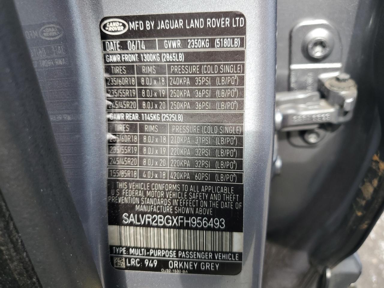 2015 Land Rover Range Rover Evoque Pure Premium VIN: SALVR2BGXFH956493 Lot: 63108494