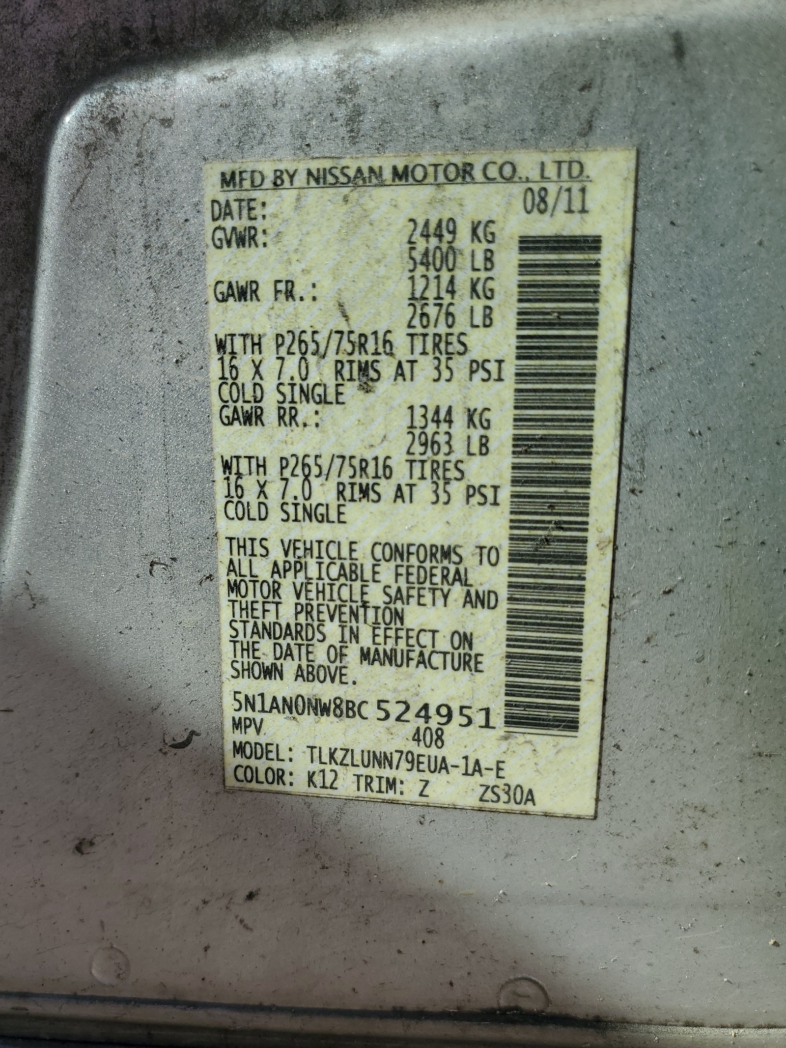 5N1AN0NW8VC524951 2011 Nissan Xterra S A