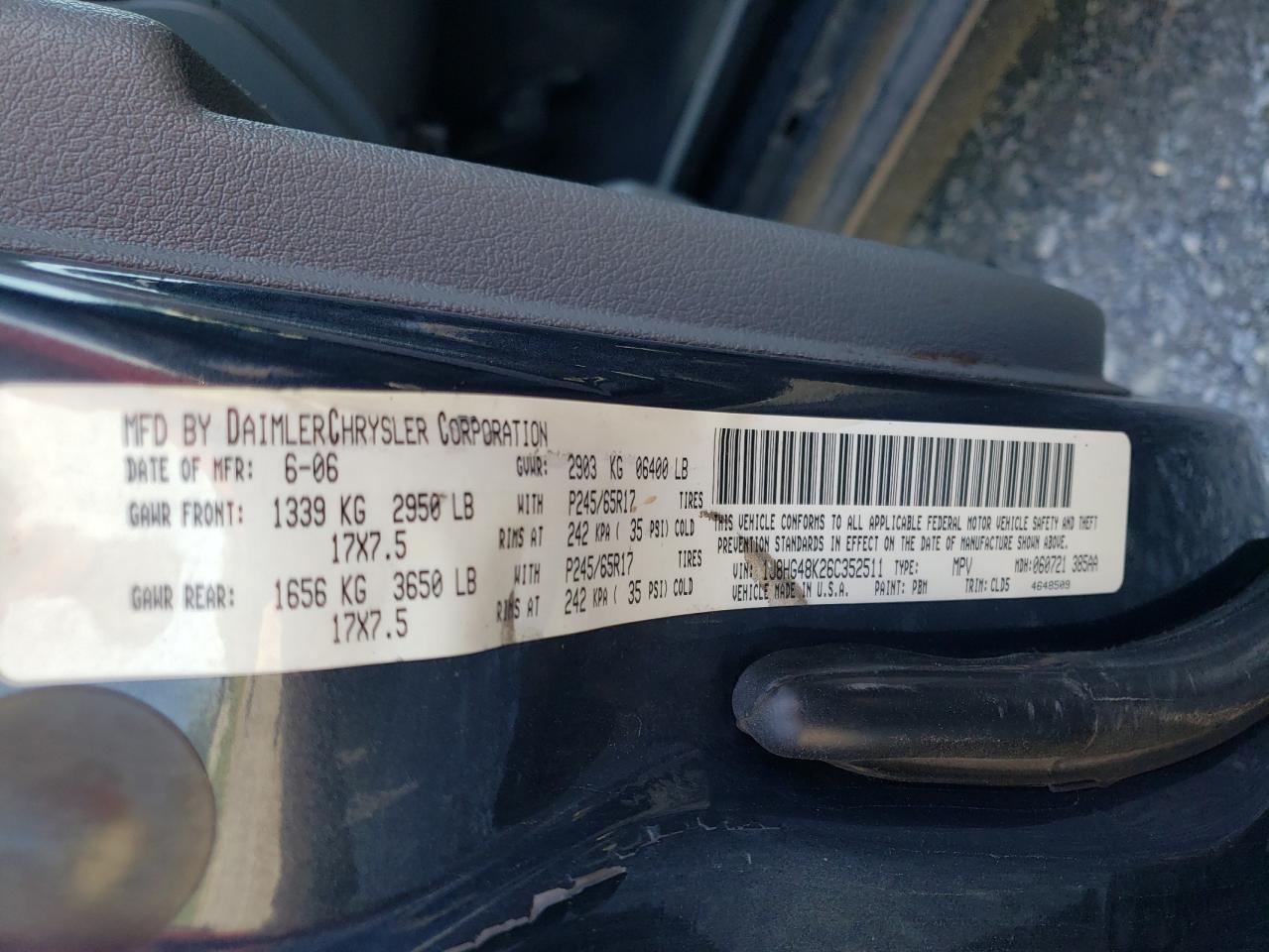 2006 Jeep Commander VIN: 1J8HG48K26C352511 Lot: 61350324