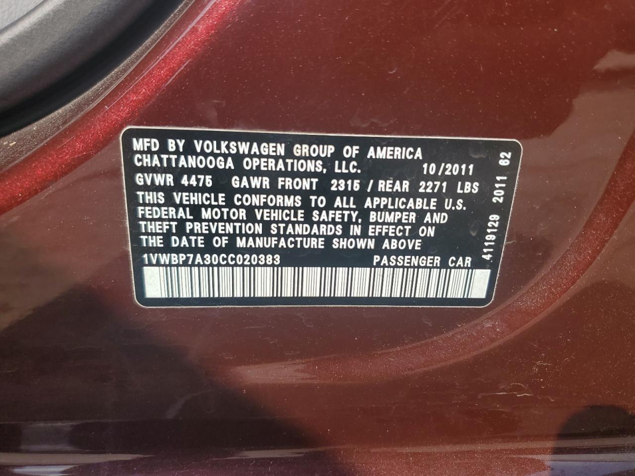 2012 Volkswagen Passat Se VIN: 1VWBP7A30CC020383 Lot: 64430954