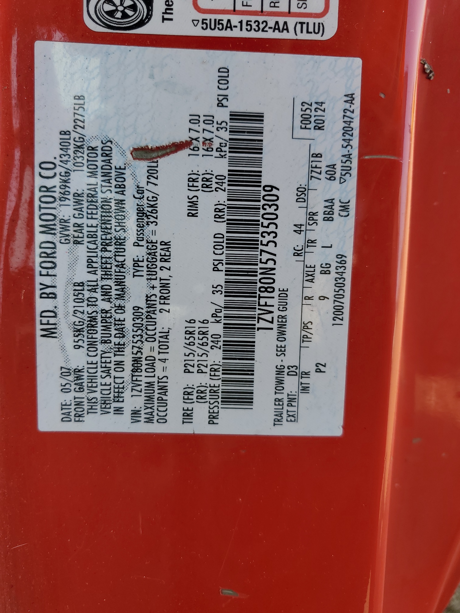 1ZVFT80N575350309 2007 Ford Mustang