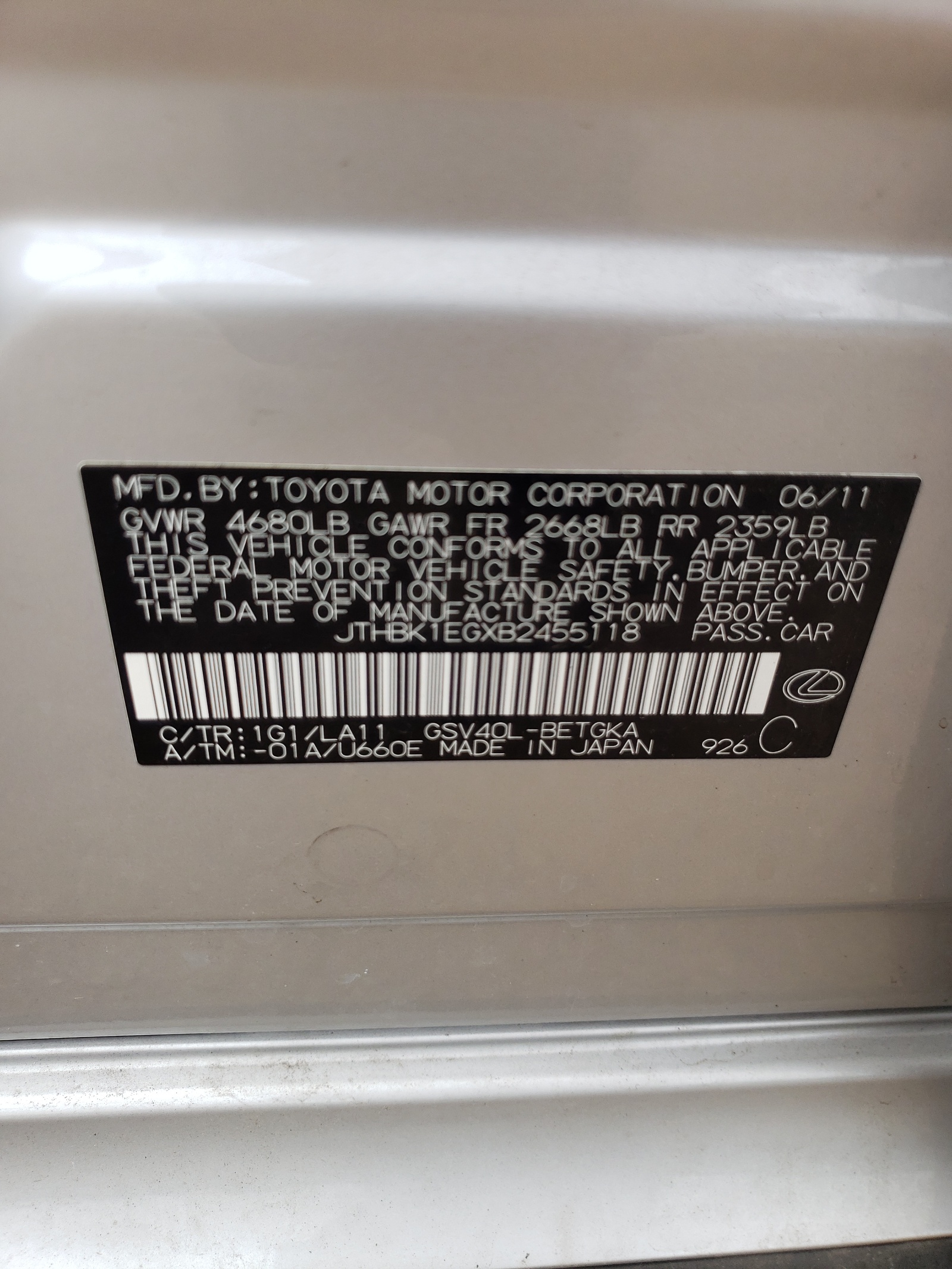 JTHBK1EGXB2455118 2011 Lexus Es 350